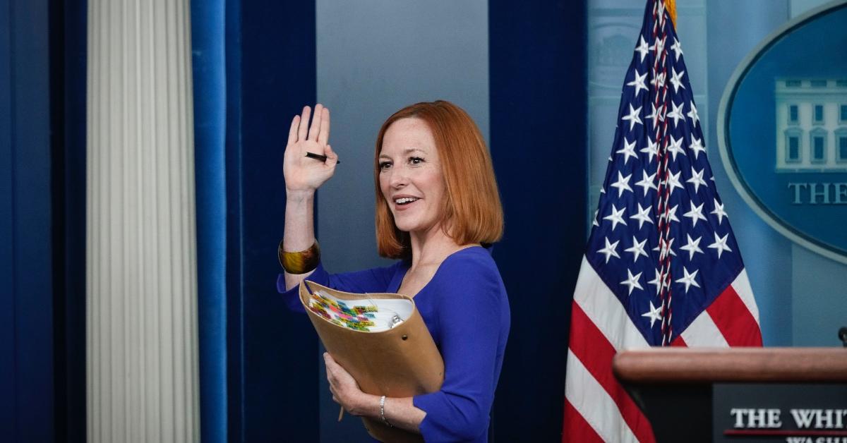 White House Press Secretary Jen Psaki waves goodbye after her final daily press briefing at the White House.