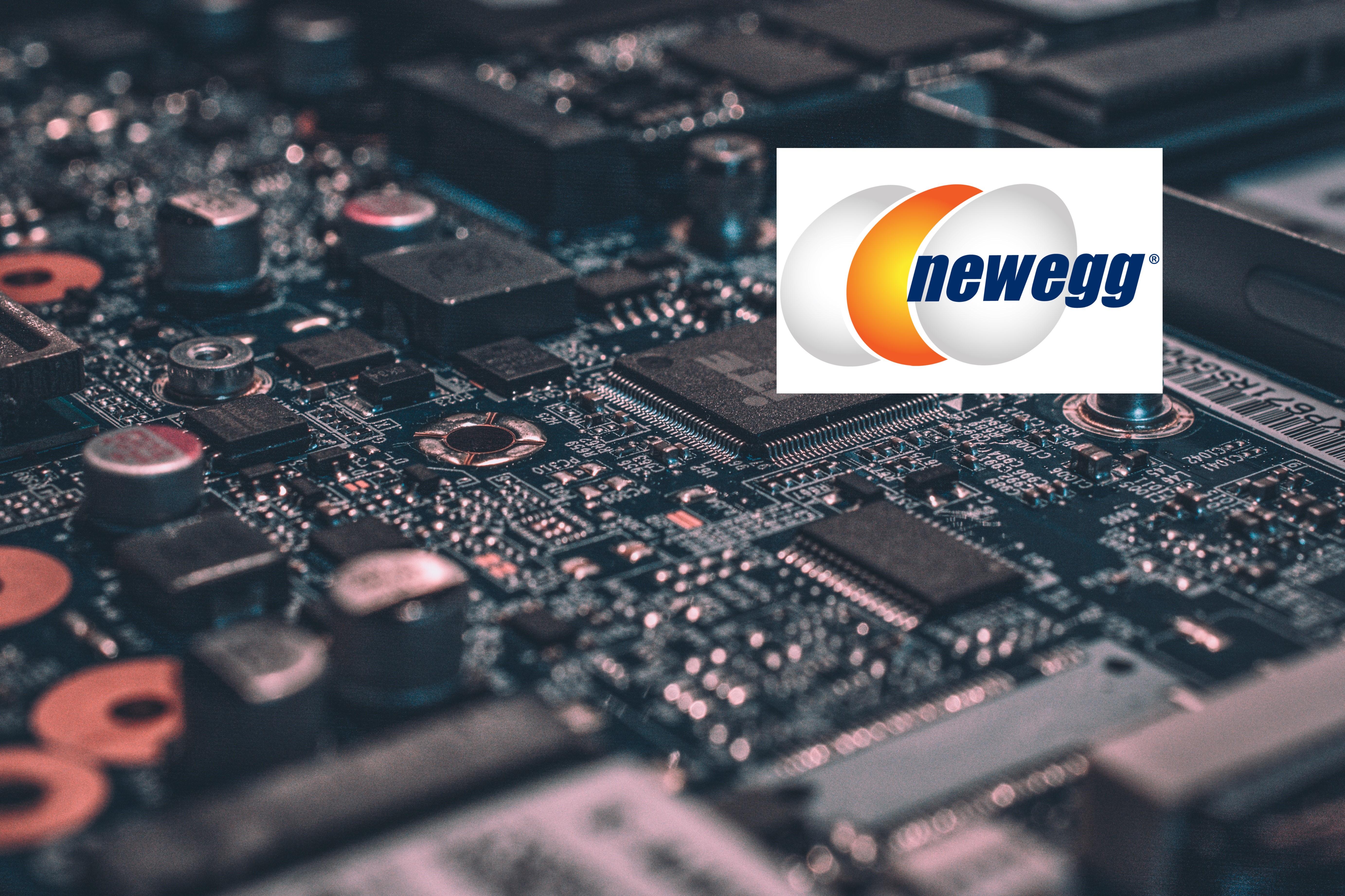 Newegg logo over motherboard computer parts