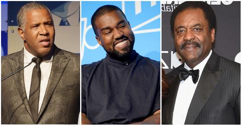 A composite image of Black billionaires Robert F. Smith, Kanye West, and David Steward