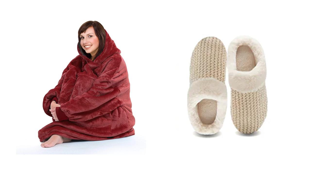 A blanket hoodie sweatshirt and slippers