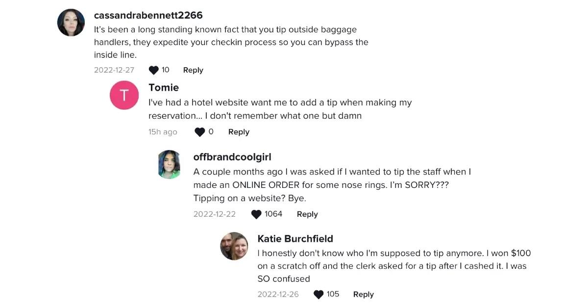 TikTok comments from video discussing when you should tip at the airport.