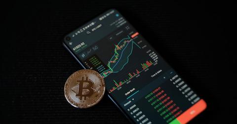 Bitcoin token next to trading data on a smartphone
