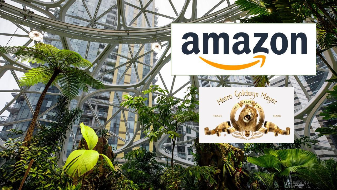 Amazon and MGM logo over picture of Amazon headquarters