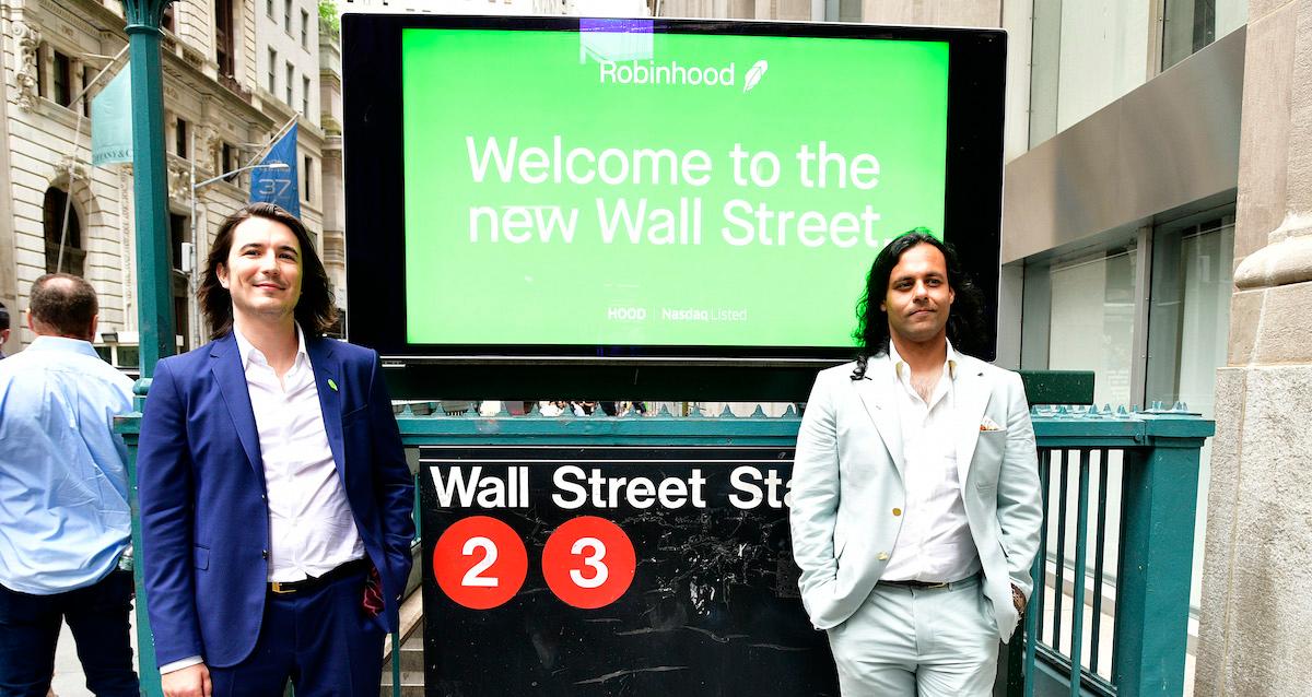 Robinhood co-founders Vlad Tenev and Baiju Bhatt on Wall Street on their IPO listing day, July 29, 2021.