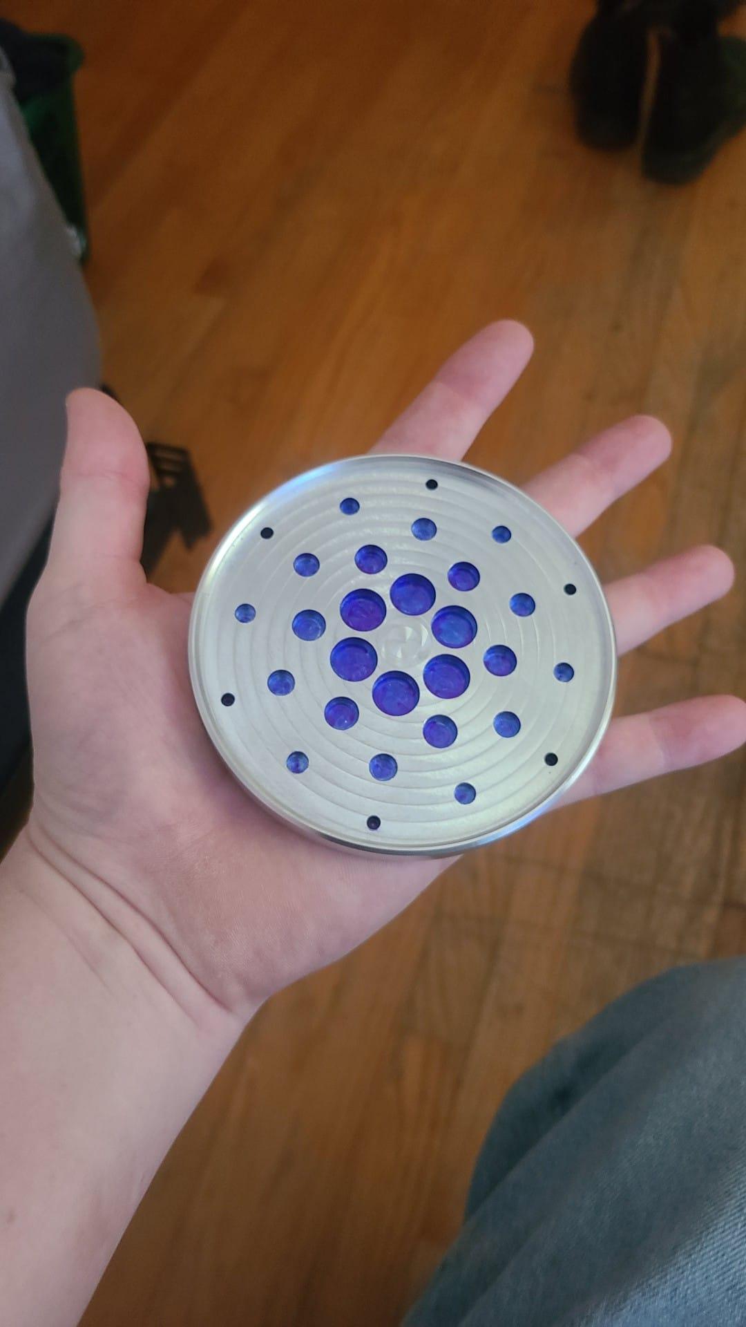 A person holding a Cardano symbol