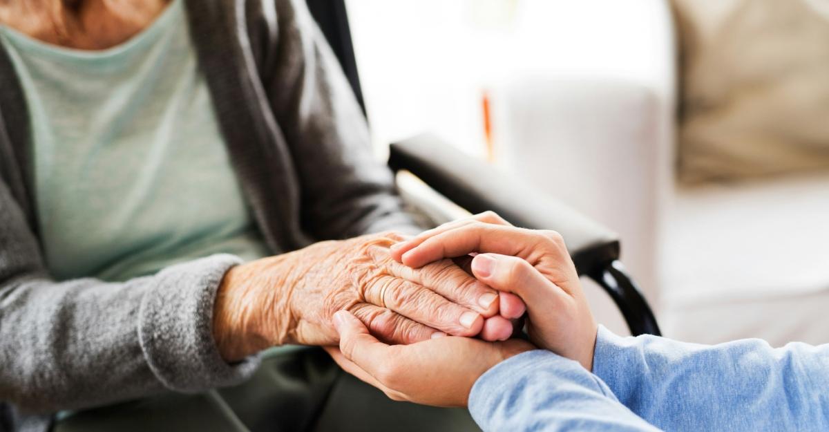 A person in a wheelchair holds hands with a family member, friend, or caregiver.