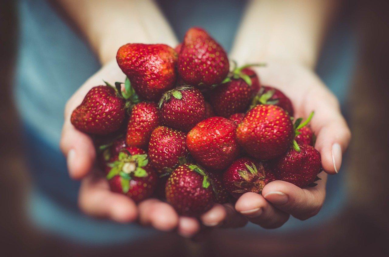 A person holding strawberries