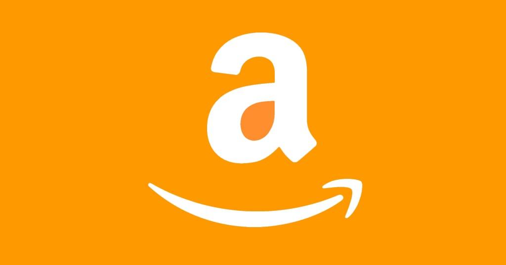 A white Amazon logo on an orange background