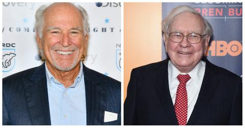 Split photo of Jimmy Buffett on the left and Warren Buffett on the right.