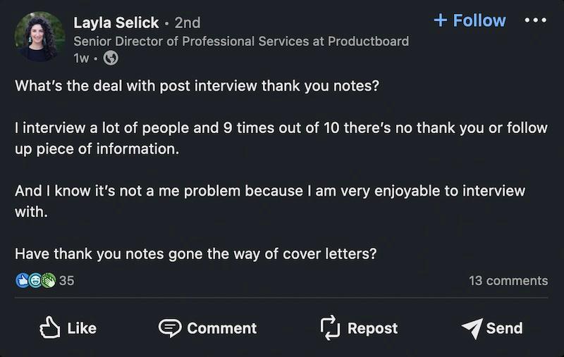 send thank you note post interview