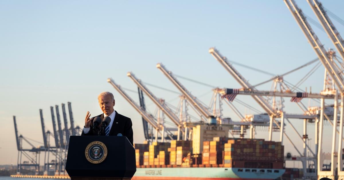 Joe Biden speaking at a port