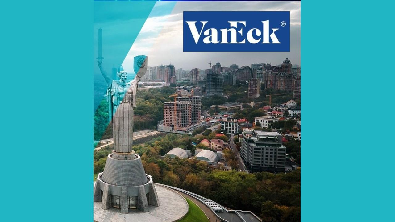 VanEck logo over image of  Kyiv before Russian invasion