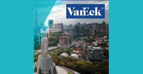 VanEck logo over image of  Kyiv before Russian invasion