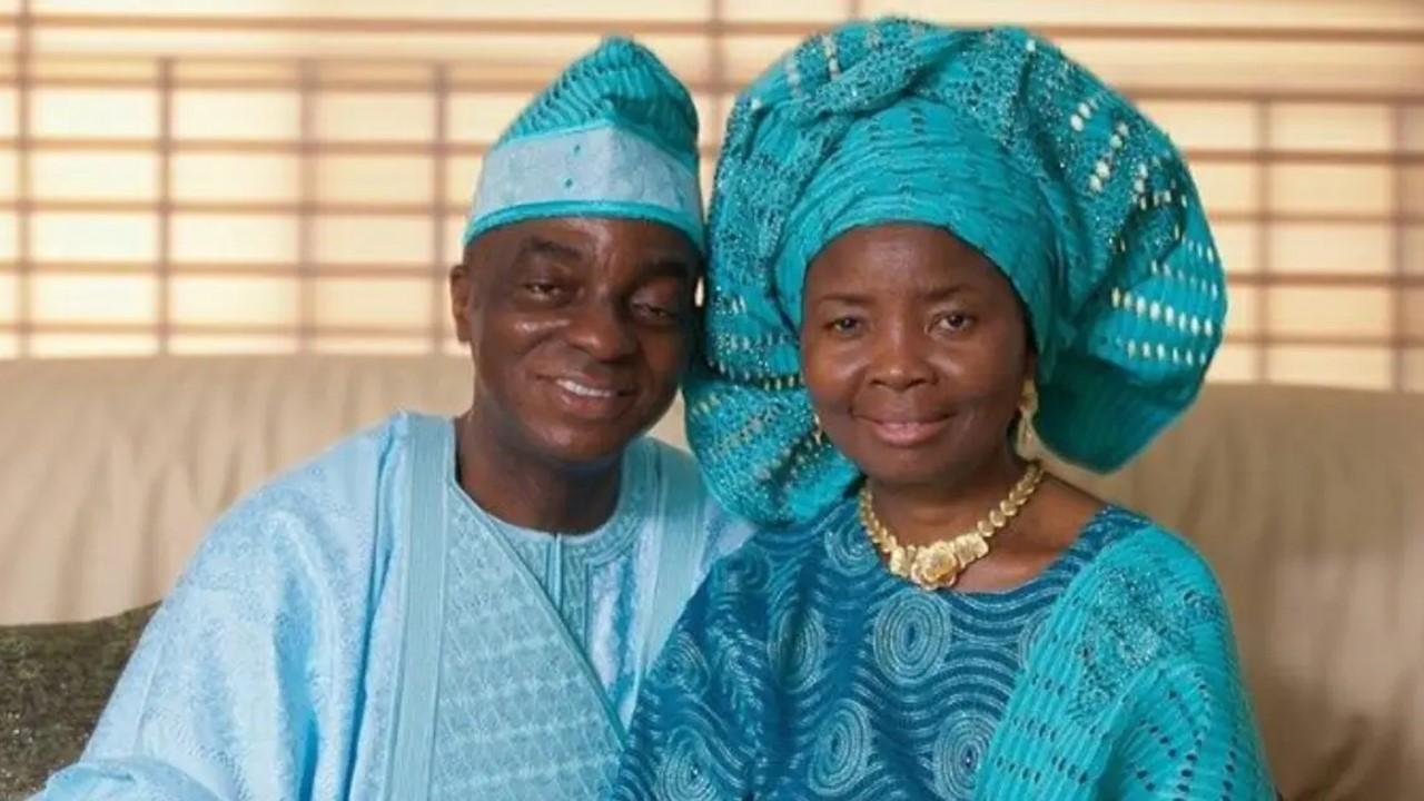 Bishop David “Papa” Oyedepo and his wife, Florence Abiola Akano, wearing bright blue outfits