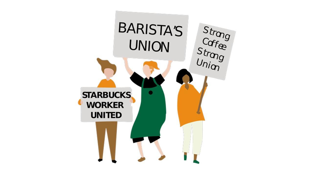 Illustration of Starbucks union members holding up signs