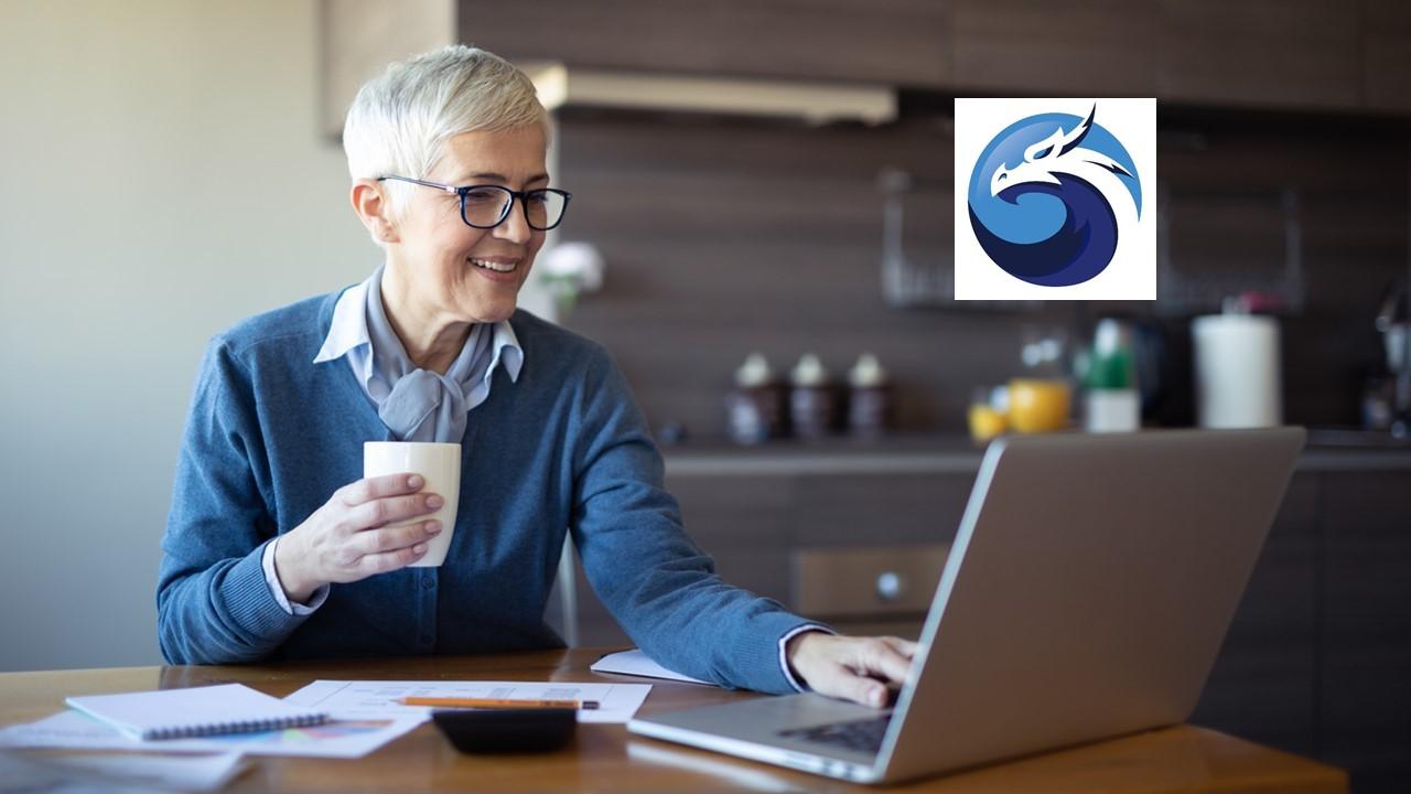 Woman using a laptop and QuickSwap logo