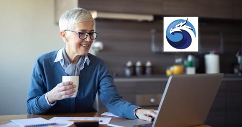 Woman using a laptop and QuickSwap logo